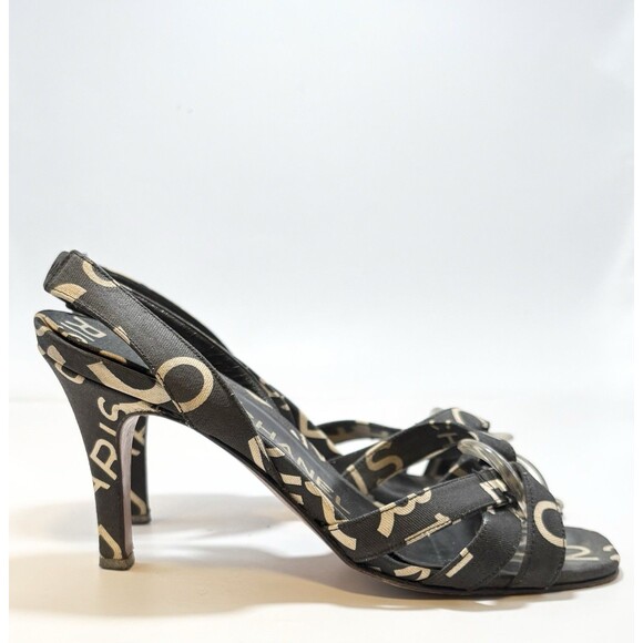 Chanel Slingback Heels Logo Printed Canvas Black & White Cross Sandals Sz 36 6 - Picture 3 of 11